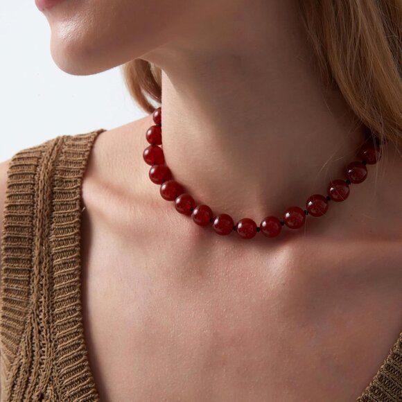 Womens Beaded Red Carnelian Necklace 16/18in Bold Elegant Choker Jewelry - Picture 2 of 6